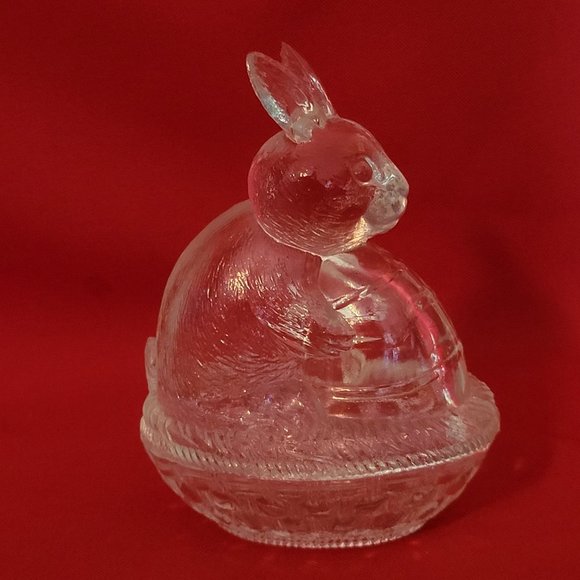 VTG Clear Glass Bunny Rabbit Nut on Nest Covered Trinket Oval Candy Dish Peach T - Picture 7 of 11